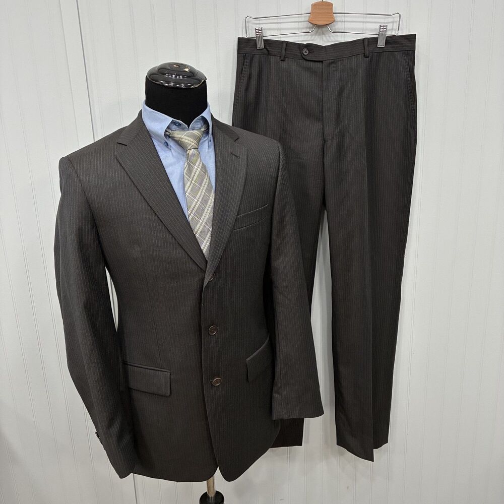 John Varvatos 40L - W32 x L34 Dark Brown Pinstriped Wool 3-Button 2-Piece Suit